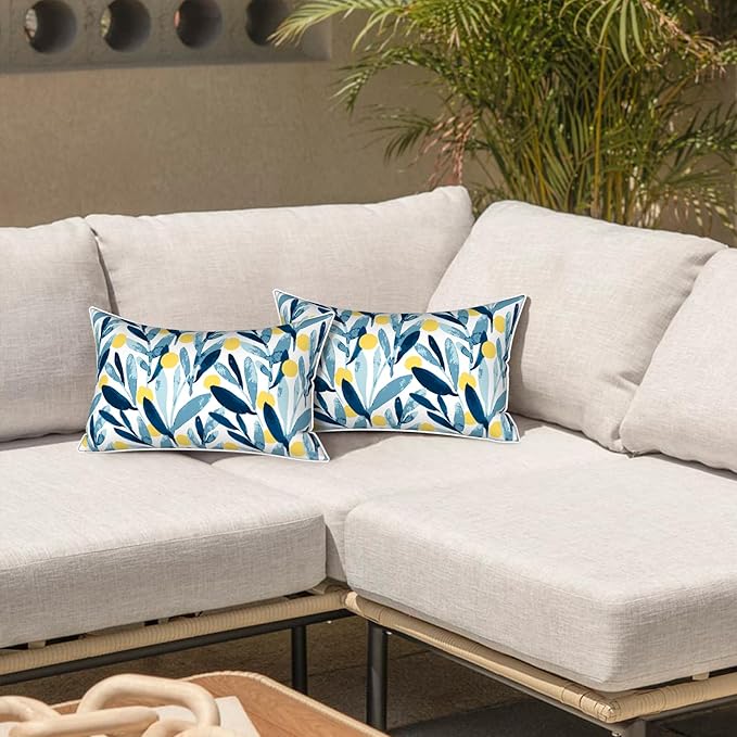 LVTXIII Set of 2 Outdoor Lumbar Pillows for Patio Furniture with White Piping, 12"x20" Fade Resistant Patio Lumbar Pillows with Inserts for Home Coach Sofa Use, Leaves Multi