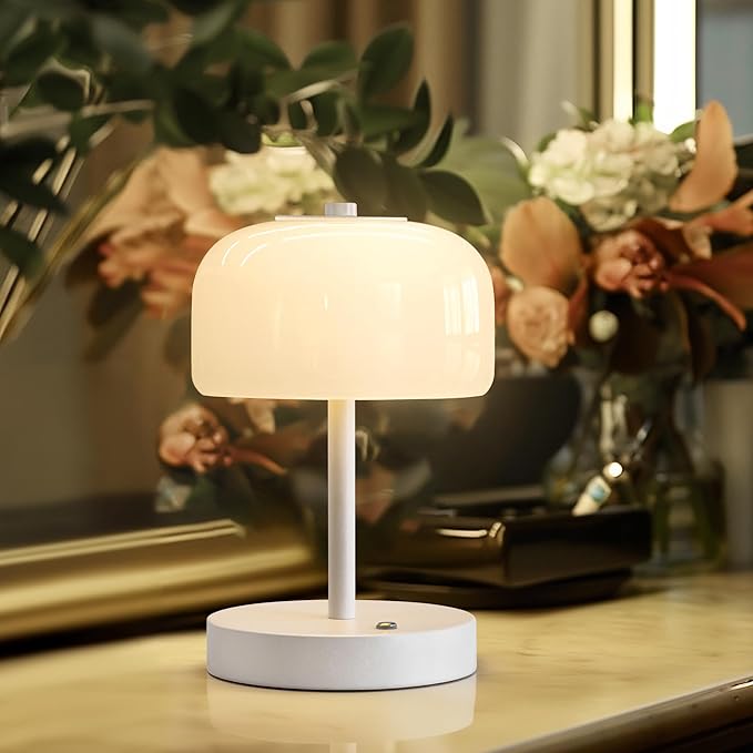 Oneach Portable Cordless Table Lamp, Rechargeable Battery Powered Lamp with Opal Glass Shade, 3-Way Dimmable LED Touch Mushroom Table Lamps for Bedroom, Bedside, Living Room, Dining Room, Patio, White