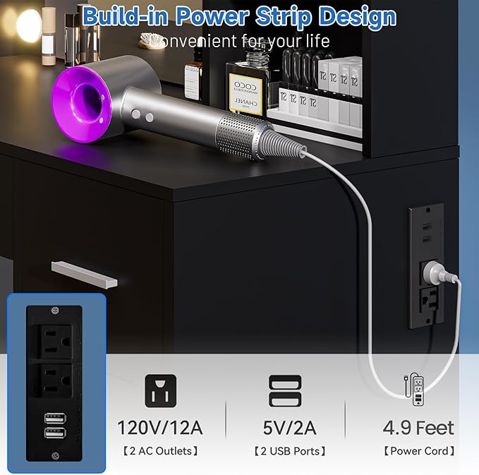 Large Vanity Desk with Mirror and 10 Lights, Makeup Vanity Table with Power Outlet, 7 Drawers and 6 Storage Shelves, Makeup Vanity Desk Dressing Table with 3 Lighting Modes for Bedroom (Black)