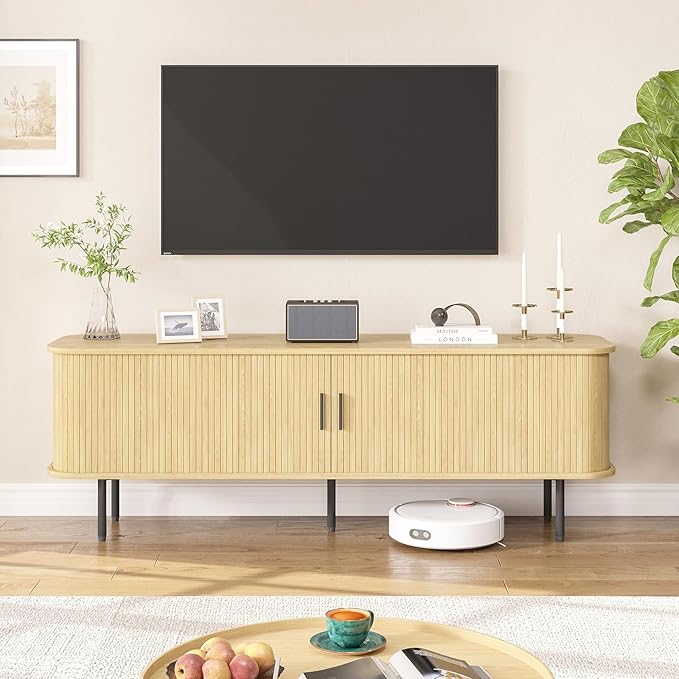 63" Natural Fluted TV Stand for TVs up to 75 Inch, Gaming Entertainment Center with Tambour Slatted Sliding Doors and Storage Cabinet, Media TV Consoles Table for Living Room, Office
