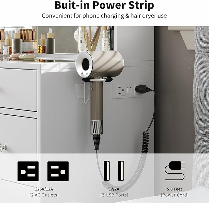 Vanity Desk & Power Outlet, Makeup Vanity with Mirror and 10 LED Lights, 3 Lighting Modes Brightness Adjustable, Makeup Table with 4 Shelves and Fold-up Panel, Vanity Set for Bedroom, White