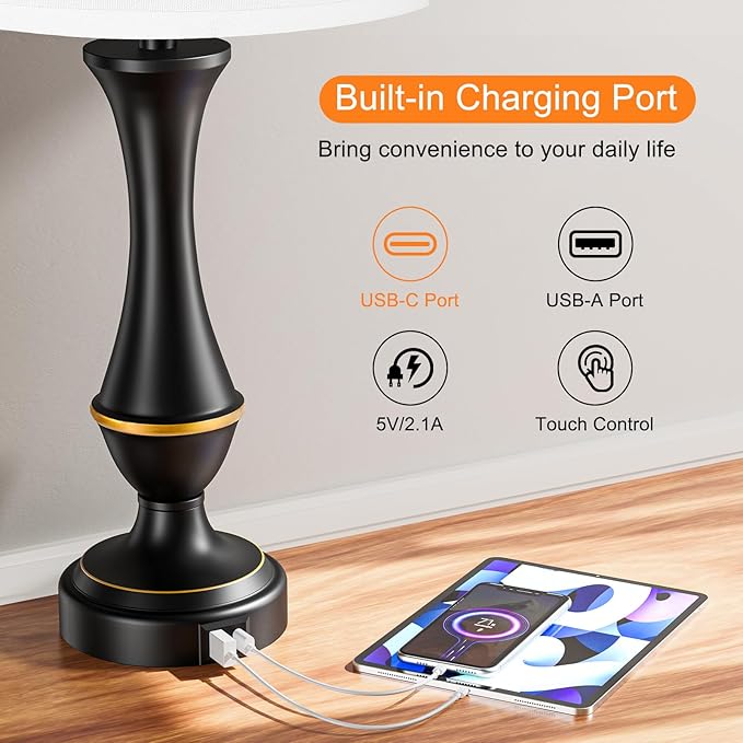 Upgraded Touch Lamps for Bedrooms Set of 2 - Nightstand Table Lamp with USB C+A, 3 Way Dimmable Lamps for Living Room, Office(White)