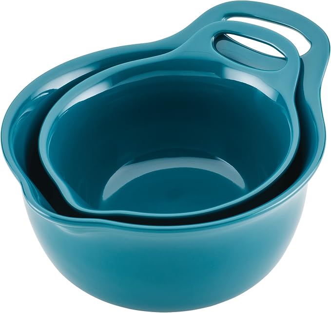 Rachael Ray Ceramics Nesting Mixing Bowl Set with Pour Spout, 1 Quart and 2 Quart, Teal