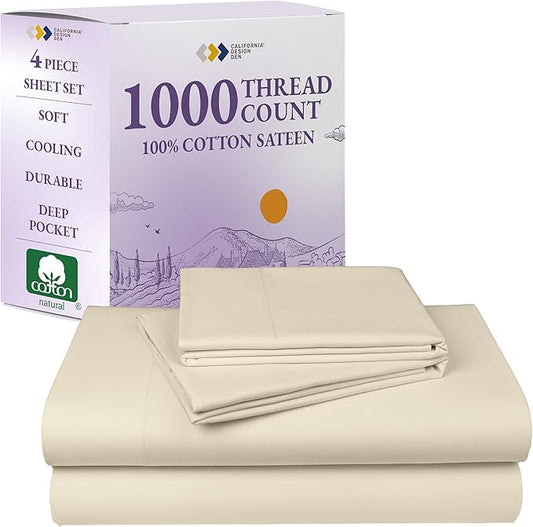 California Design Den Thick and Natural 100% Cotton Sheets King Size Set - Luxury 1000 Thread Count Sateen, Deep Pockets, Soft, Breathable and Durable Bedding Sheet Set - Creamy Beige