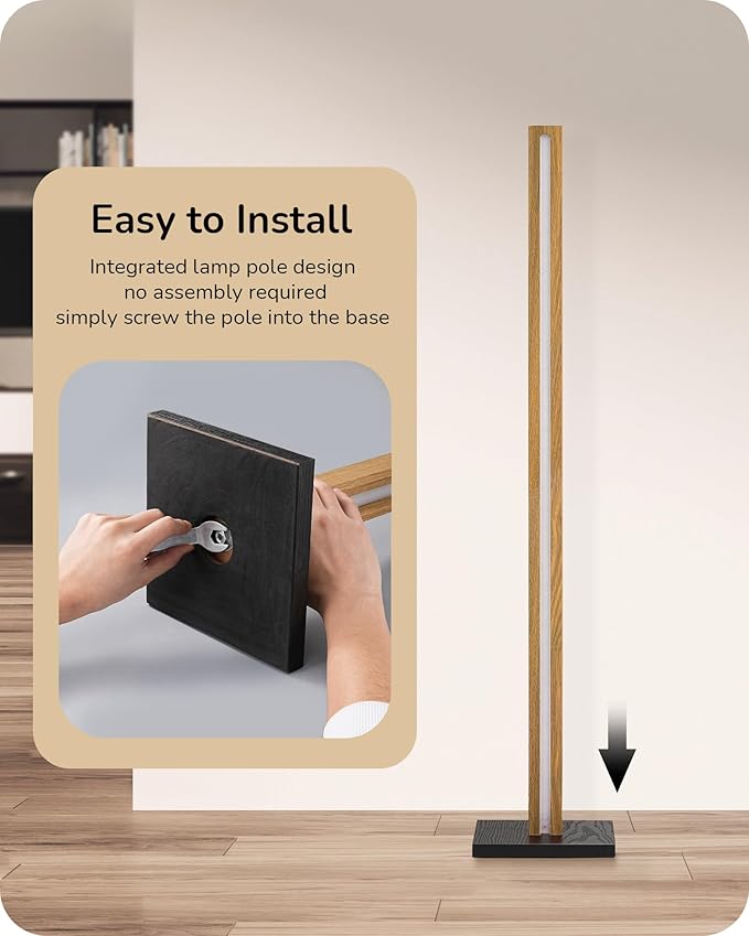 EDISHINE Wood LED Corner Floor Lamp, Modern Dimmable Light with Remote, Minimalist Standing Floor Lamps for Living Room, Bedroom, Office, 7 Color Temperature 2700~6000K, 48.43"