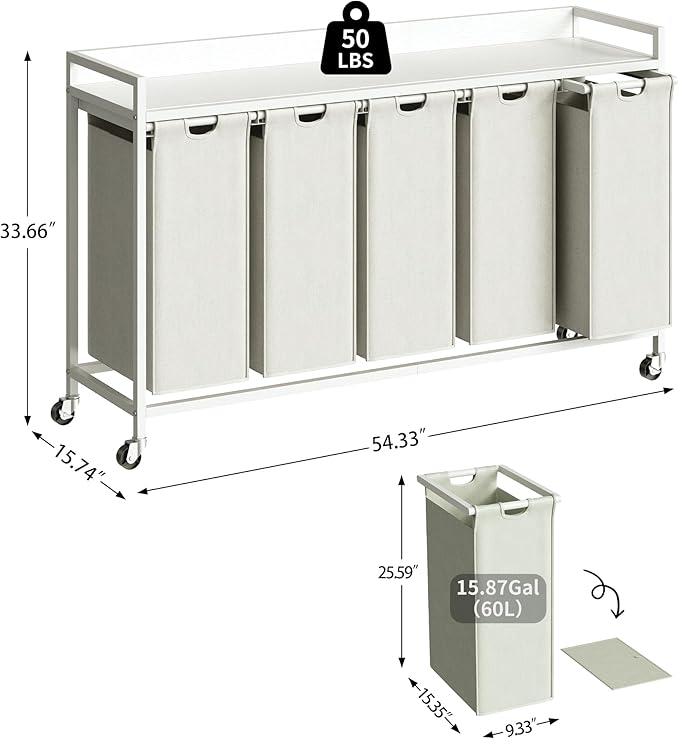 Laundry Hamper with Shelf, Laundry Basket 5 Section, Laundry Sorter with Pull-Out Removable Large Bags and Movable Wheels, Metal Frame, 5 x 15.87 Gallons (60L), White PF08XLW