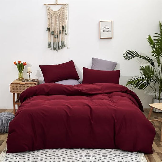 Cottonight Dark Red Comforter King Burgundy Bedding Chic Modern Wine Red Blanket Quilt Breathable Cotton Modern Solid Blackish Red Comforter Set for Women Men King Bed