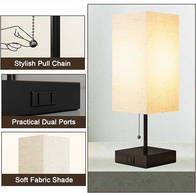 Table Lamp for Bedroom,Nightstand Lamp for Bedside with AC Outlets,Adjustable 3color LED Light Desk Lamp for Home Decor,Included Bulb and Lamp Shade (Linen White-onlyAC, 1PCS)