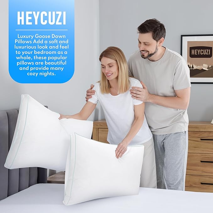 Goose Feather Down Pillows - Hotel Soft Bed Pillows Queen Size Set of 2 for Sleeping, 100% Cotton Cover Fluffy Support Gusseted Pillow for Back, Stomach, Side Sleepers White