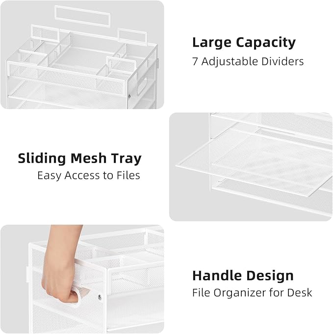Marbrasse 5-Tier Letter Tray Paper Organizer with Handle, Multi-Functional Mesh File Organizer for Desk, Adjustable Compartments Mesh Desktop Storage for Office Supplies,White