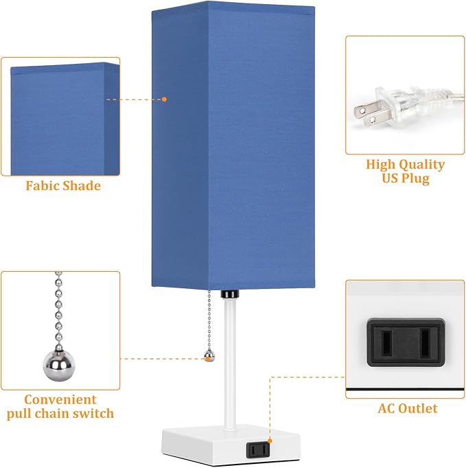 Table Lamp for Bedroom set of 2,3-Color Bedside Lamps with Pull Chain Table Lamps for Nightstand with AC Outlets,18'' Night Light Lamps with 2 Bulbs Lamps for Living Room Kids Office Decor（White-blue）
