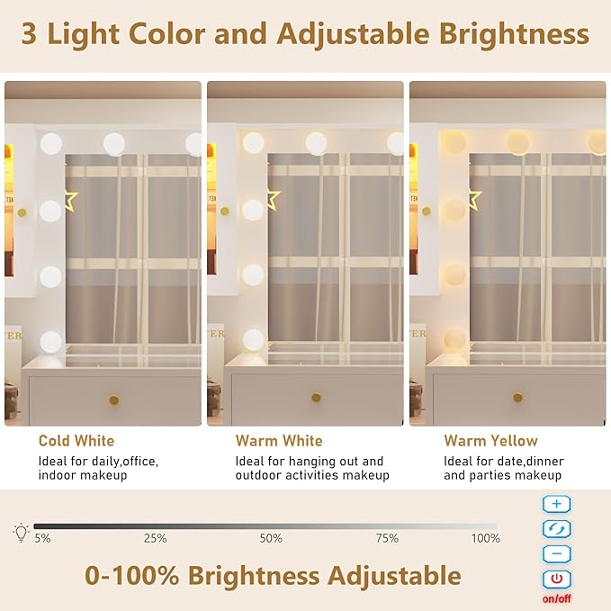 62" Large Makeup Vanity Desk with Mirror and Lights, Glass Top Vanity Table with Power Outlet & Lighted Glass Cabinet, 8 Drawers, Dressing Table with 3 Colors Lights for Bedroom Dressing Room, White