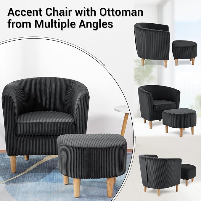 DAZONE Accent Chairs Set of 2, Barrel Chair with Ottoman Comfy Armchair Corduroy Living Room Chairs Mid Century Modern Chair Upholstered Club Tub Sofa Chair for Bedroom Reading Room Charcoal