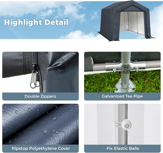 GREEN PARTY Storage Shelter Shed, 8x12 ft Portable Shed Outdoor Carport with Roll-up Zipper Door & Vents, Outdoor Storage Shed Portable Garage for Motorcycle, Bike, Waterproof & UV Protected, Gray