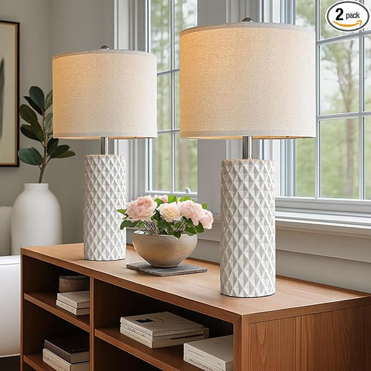 26" Tall Table Lamp for Living Room -Vintage White Lamps Set of 2 Modern Ceramic Lamps for Night Stands, Bedside Lamp for End Tables, Nightstand Lamps for Bedroom