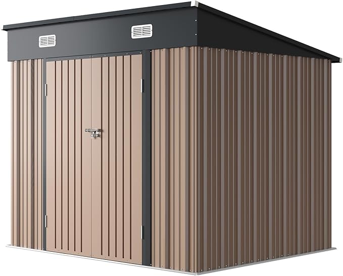 Aoxun 7.5x6 FT Outdoor Shed Metal Storage Shed with Single Slooping Roof Lockable Door Steel Utility Tool Shed Outdoor Waterproof Shed Garden Shed for Backyard Garden Patio Lawn, Brown
