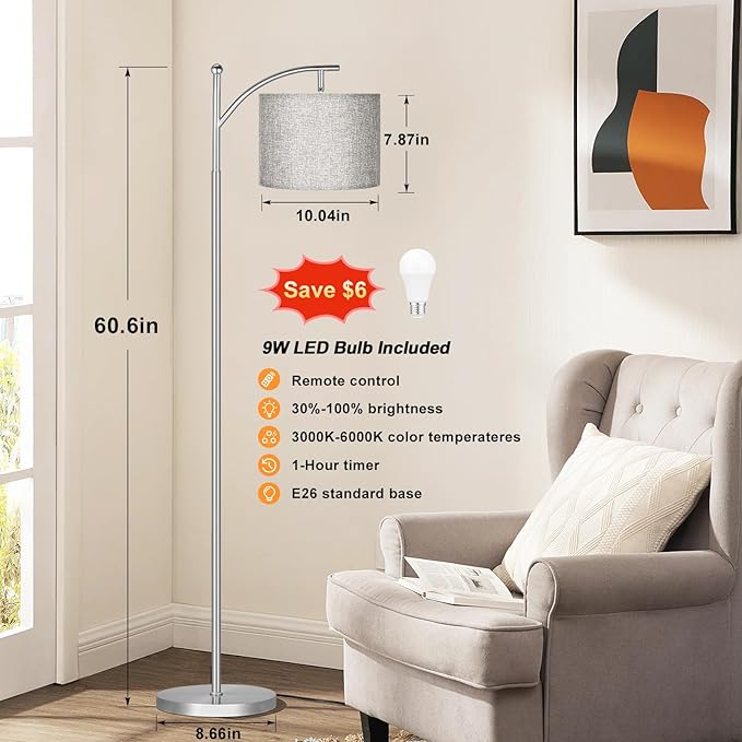 60" Floor Lamps with Remote Control & Bulb, Colors Temperature & Brightness Adjustable, Gray Shade & Silver Pole
