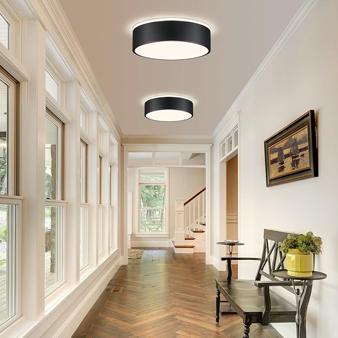 Vikaey Black LED Ceiling Light, Modern Flush Mount Ceiling Light Fixture, Minimalist Round Metal Lighting Fixture Ceiling Lamp for Hallway, Entryway, Bedroom, Balcony, 11.81 Inch