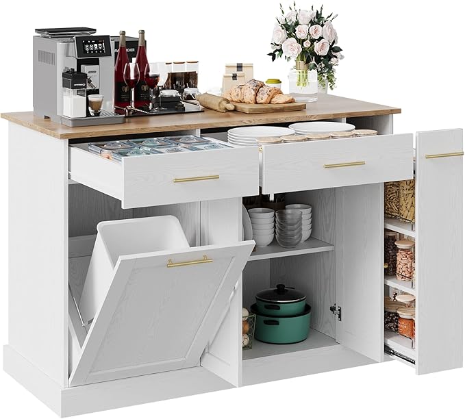 4 EVER WINNER Kitchen Island with Trash Can Storage, Rolling Kitchen Cart on Wheels with Spice Rack & Towel Rack, Movable Island for Kitchen, White