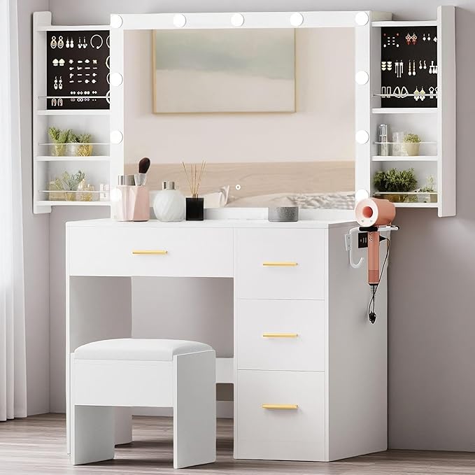 DWVO Vanity Table Set with Lighted Mirror and Stool, Makeup Desk with Power Outlets and 4 Drawers, Stylish Dressing Table