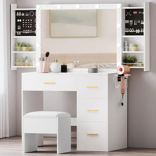DWVO Vanity Table Set with Lighted Mirror and Stool, Makeup Desk with Power Outlets and 4 Drawers, Stylish Dressing Table