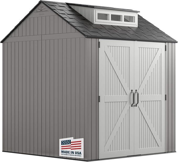 Rubbermaid Resin Outdoor Storage Shed With Floor (7 x 7 Ft) Weather Resistant Gray Organization for Home/Backyard/Garden Tools/Lawn Mower/Bike Storage/Pool Supplies