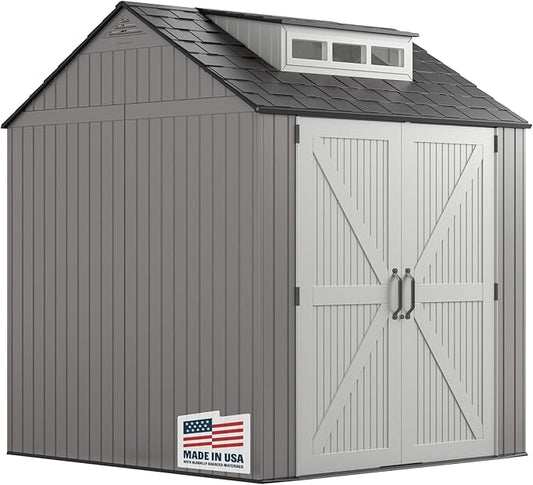 Rubbermaid Resin Outdoor Storage Shed With Floor (7 x 7 Ft) Weather Resistant Gray Organization for Home/Backyard/Garden Tools/Lawn Mower/Bike Storage/Pool Supplies