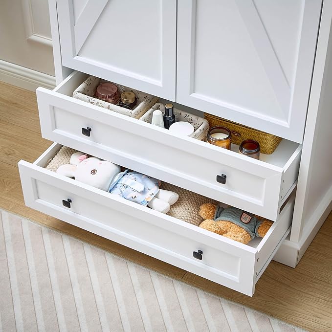 SOOWERY Dresser for Bedroom, Farmhouse Dresser with 2 Wooden Drawers and Storage Cabinets, 71 Inches Tall Chest of Drawers for Bedroom, Living Room, Hallway, White