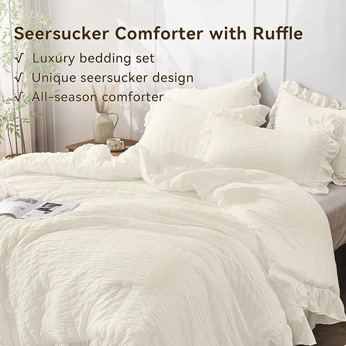 JOLLYVOGUE Ivory Twin Size Comforter Set, 2 Pieces Seersucker Lightweight Fluffy Bedding Set, Twin Ruffle Comforter, All Season Soft Microfiber Shabby Chic Bed Set