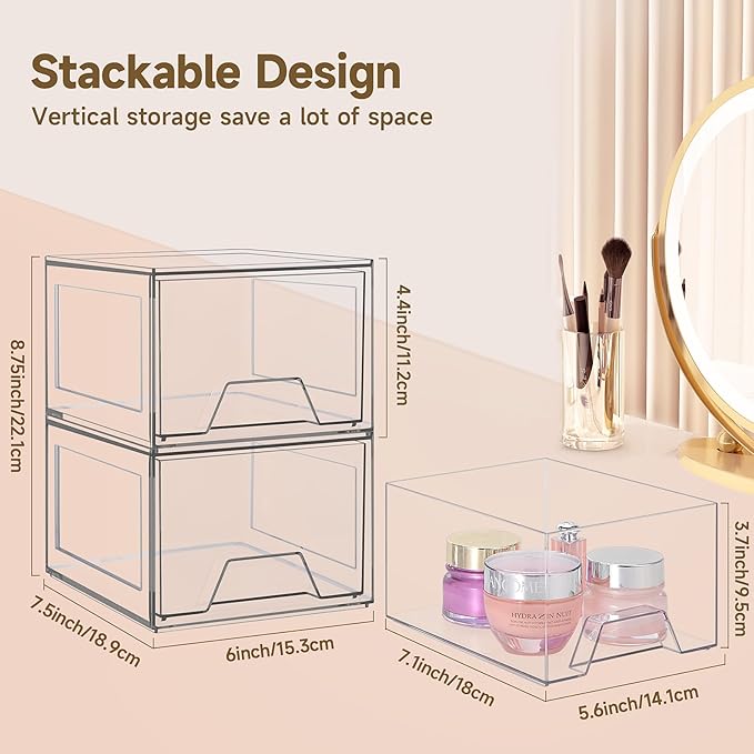 Damomo 2 Pack Stackable Organizer Drawers, 4.4" Tall Clear Bathroom Makeup Organizer and Storage, Acrylic Plastic Organizers Bins for Vanity, Undersink, Bathroom, Pantry, Kitchen Cabinets