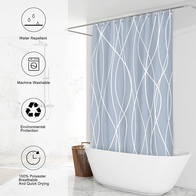 Punkray Light Blue Shower Curtain for Bathroom with Hooks, Shower Curtain Set, White Stripe Bath Curtains Decorative Shower Curtains Water Repellent Washable, 72 x 72