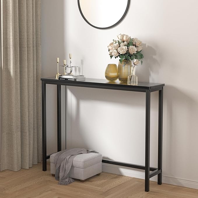 VASMIA Console Table with Power Outlet and USB Ports, Entryway Table, Narrow Sofa Table, 39" Bamboo Skinny Hallway Table for Entryway, Living Room, Bedroom, Foyer, Black