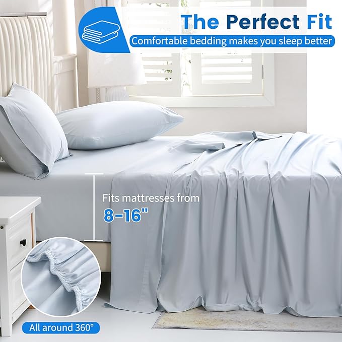 Bedlifes 1000 Thread Count 100% Egyptian Cotton King Size Sheets Set - Sateen Soft Silky Breathable Luxury Cooling 4 Pieces (Light Blue)