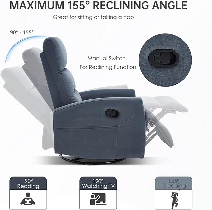 360° Swivel Rocker Recliner Chair for Small Spaces, Manual Reclining Chair for Adults, Rocking Glider for Nursery, Living Room, Bedroom, Fabric Blue Grey