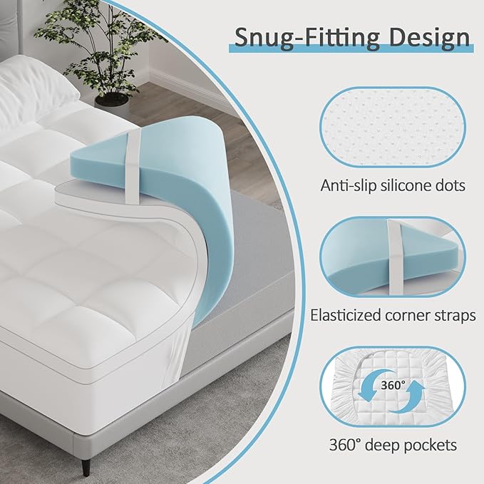 Dual Layer 4.5 Inch Queen Memory Foam Mattress Topper, 2.5 Inch Cooling Memory Foam, 2 Inch Thick Pillow Top Mattress Pad Cover for Hard Bed, Soft Fluffy & Pressure Relief & Medium Support