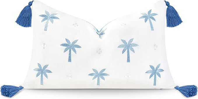 Hofdeco Premium Coastal Hampton Style Patio Indoor Outdoor Lumbar Pillow Cover Only, 12"x20" Water Resistant for Backyard, Couch, Baby Blue Embroidered Palm Tree Tassel