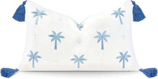 Hofdeco Premium Coastal Hampton Style Patio Indoor Outdoor Lumbar Pillow Cover Only, 12"x20" Water Resistant for Backyard, Couch, Baby Blue Embroidered Palm Tree Tassel