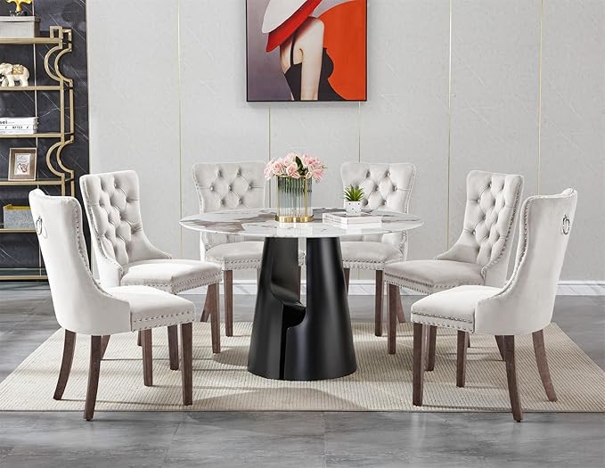 7-Piece Faux Marble Round Dining Table Set for 6, Modern Luxury Kitchen Table Set for 6 with Beige Tufted Chairs,Circle Dining Tables with Pandora Grain Top and Black Pedestal Base