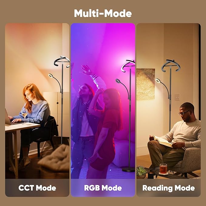Upgraded RGBCW Floor Lamp with Reading Lamp, Rotatable Remote Control LED Standing Lamp Dimmable Floor Light Modern Standing Light for Living Room Bedroom Home Office, 36W, Black