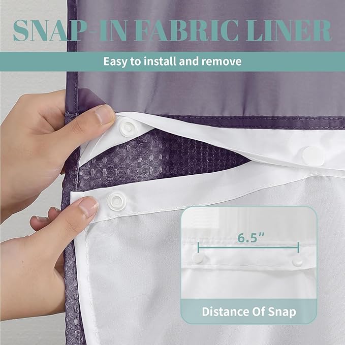 Purple No Hook Waffle Weave Shower Curtain with snap-in Liner Replacement, 230GSM Waterproof Fabric Hotel Shower Curtain Set for Bathroom, Through Mesh Top Window,71Wx74H