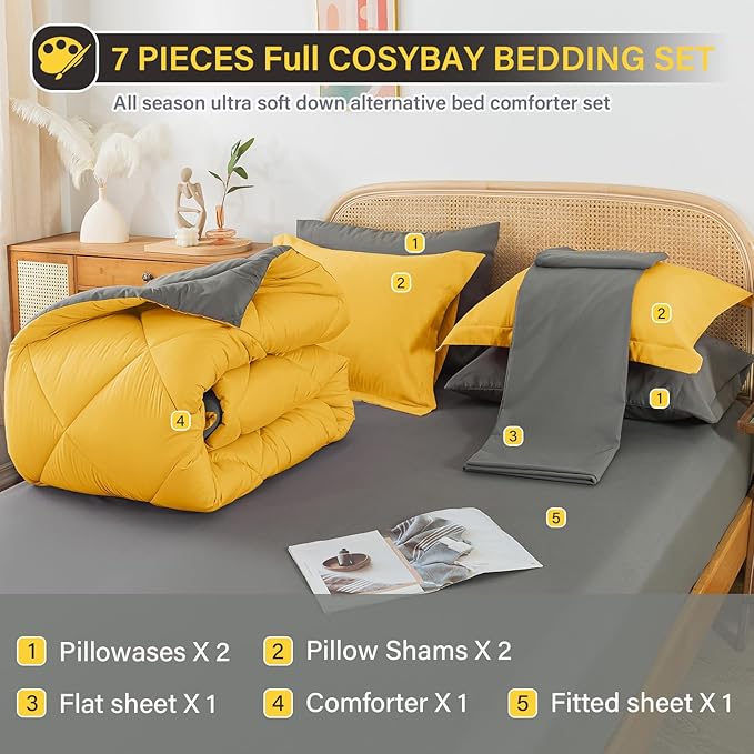 Cosybay Bed in a Bag King Reversible Comforter Sets 7pcs All Season Down Alternative Bedding Sets Yellow and Grey with Comforter, Pillow Shams, Flat Sheet, Fitted Sheet and Pillowcase
