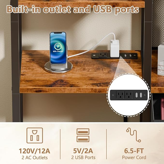 Furologee 6-Tier Bookshelf with Charging Station, Double Display Shelf with Drawer, Tall Freestanding Bookcase, Metal Open Book Shelf for Living Room, Bedroom, Home Office, Rustic Brown