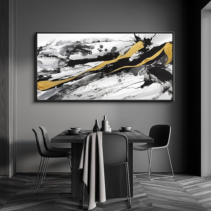 XLSJERST Black and White Abstract Wall Art - Large Frame Canvas Wall Art for Living Room Bedroom Modern Gold Ink Painting Style Picture Artwork for Wall Decor Size 29x58 Inches