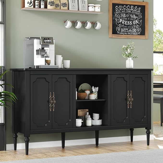 Vintage Buffet Sideboard Cabinet with 4 Doors, 59" Mid Century Modern Storage Cabinet with Shelf, Decorative Accent Credenza TV Stand (Black)