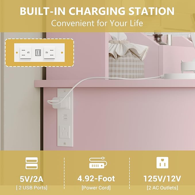 Vanity Makeup Desk with Mirror and Lights, Farmhouse Vanity Table Set with Storage Drawers, Charging Station & Chair, 43" Large Rustic Dressing Table, 3 Lighting Modes for Women Girls Bedroom, Pink
