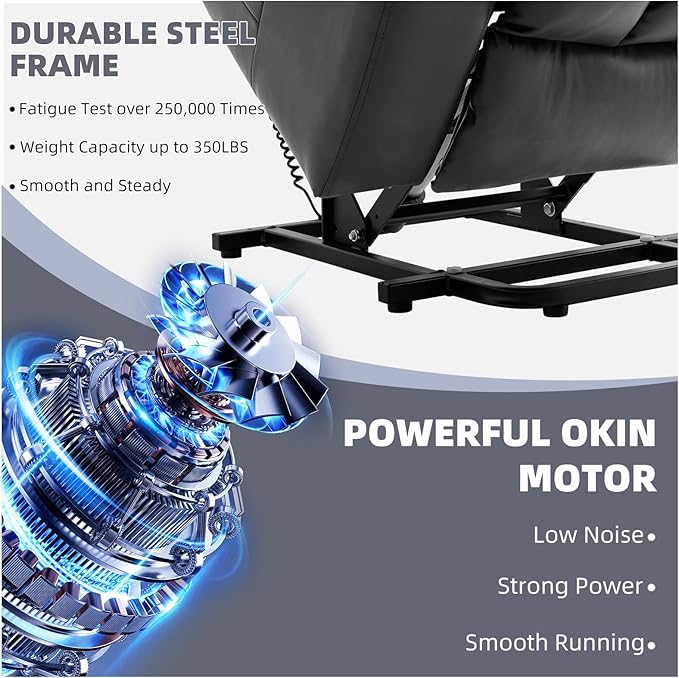 Power Lift Recliner Chair for Elderly, Electric Recliner Chairs for Adults with Massage and Heat, Cup Holders, Remote Control, USB Ports, Side Pockets, Leather (Black)