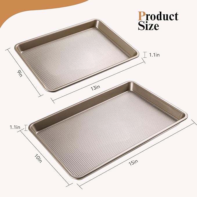 2 Piece Professional Baking Pan Set, Nonstick Bakeware Set, Heavy Duty Thick Cookie Sheets for Baking, 9x13in, 10x15in, Textured, Gold