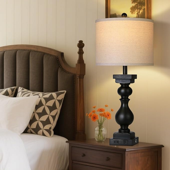 28" Tall Farmhouse Table Lamps Set of 2 with USB C+A Ports and AC Outlet, 3 Way Touch Tall Rustic Bedside Lamps for Living Room, Black Vintage Lamps for Bedroom Nightstand