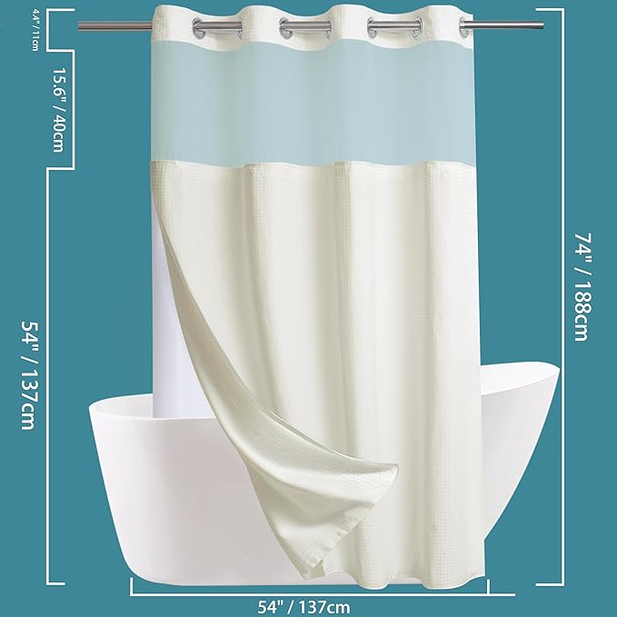 Conbo Mio Stall No Hook Waffle Weave Shower Curtain with Snap in Liner Set, Hotel Luxury Beige Shower Curtains for Bathroom with See Through Top Window, Waterproof, Washable 54W x 74H