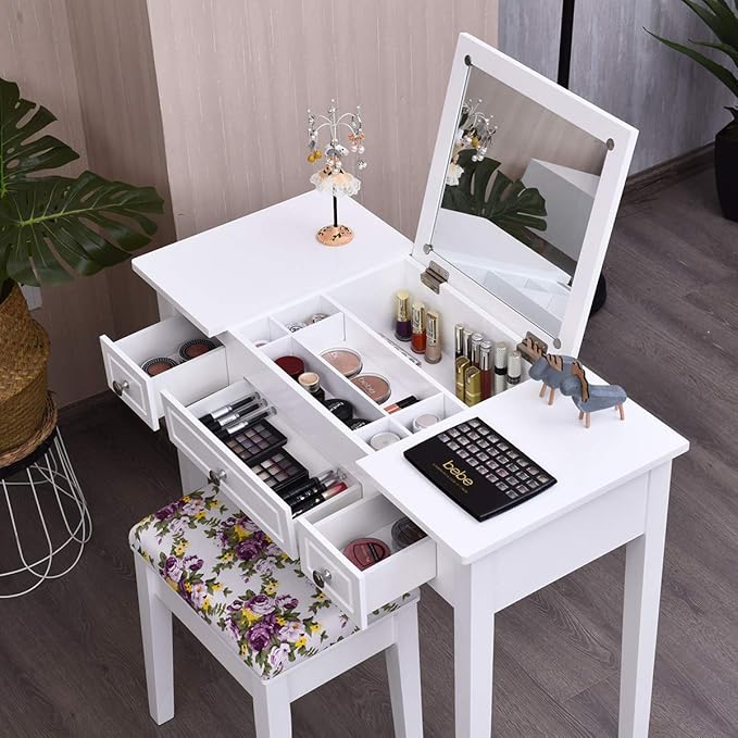CHARMAID Makeup Vanity Desk with Flip Top Mirror, 3 Drawers, 7 Storage Compartments, White Writing Desk Dressing Table Vanity Set with Cushioned Stool for Kids Girls Women, Easy Assembly